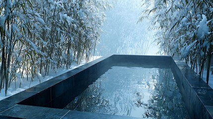 Tranquil outdoor swimming pool surrounded by snow-covered bamboo in a serene winter landscape
