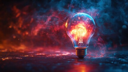 Glowing lightbulb in dramatic smoke