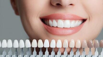 Woman compares her smile to a shade guide for ideal tooth color selection.