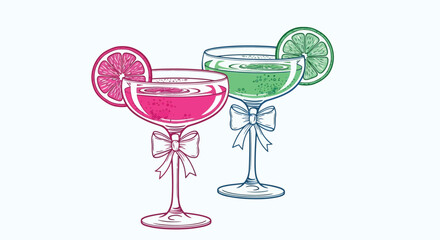 Two Cocktail Glasses with Bows and Fruit Garnishes, Festive Design, Perfect for Celebrations