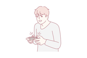 man enthusiastically playing with game controller, lively gaming session with playful reaction and streaming