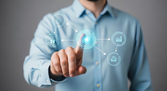 Business man uses digital touch to show modern workflow process and future growth