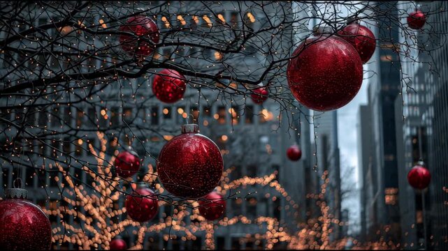Enormous red christmas ornaments and golden fairy lights hung on a leafless tree along a bustling city street, shimmering against soft urban bokeh and evening buildings