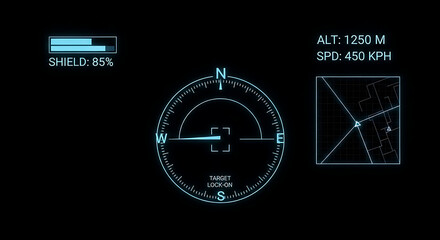 Hud display target lock on compass shield altitude speed futuristic interface technology
