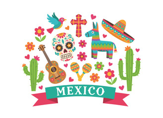 A flat vector illustration showcasing a collection of Mexican national symbols and traditional Day of the Dead decorations on a white background, featuring calaveras, pepper, piñata, cactus