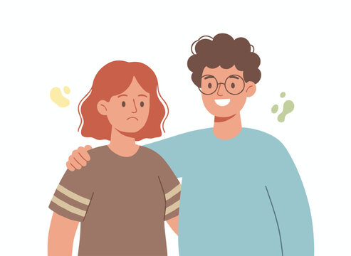 A man gossiping, spreading rumors, whispering negative information to an annoyed woman with an angry expression, backbiting toxically, shown in a flat vector illustration on a white background
