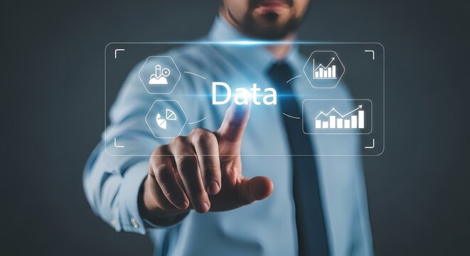 Modern business intelligence concept with interactive data analytics dashboard touch