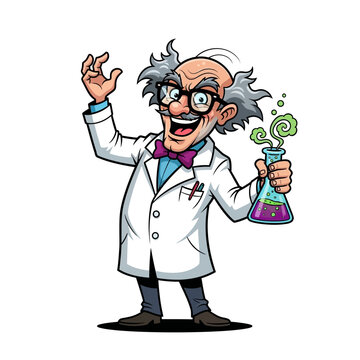 A cartoon illustration of a mad scientist with wild hair and glasses, wearing a lab coat and bow tie, holding a bubbling beaker.