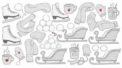 Illustration of winter themed items including skates, sleds, snowballs, and warm drinks and accessories