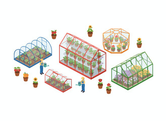 A 3D glass greenhouse with a hotbed of seedlings, where people water plants, flowers, and vegetables in garden beds and flowerbeds, depicted in colorful isometric illustrations