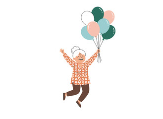 A joyful girl soaring with air balloons, a lively female character clutching a bundle of helium balloons, celebrating a festive holiday in a flat vector illustration set against a white background