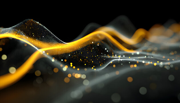 Futuristic data visualization representing digital sound waves with a sleek black and yellow design. - Powered by Adobe