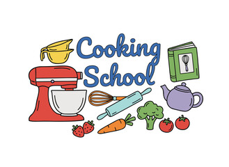 A square banner template featuring a variety of kitchen utensils, cookware, and food‑prep tools, rendered as a colorful modern flat illustration for a cooking school advertisement and promotion