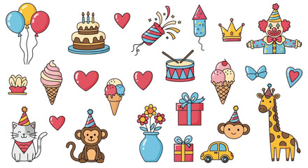 Colorful Birthday Party Doodle Vector Illustration Set with Giraffe, Clown, and Balloons