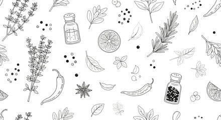 Culinary Herbs and Spices Seamless Vector Pattern for Packaging Design and Scrapbooking Needs
