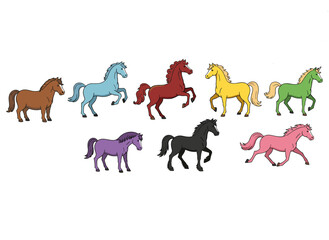 A collection of horses from various breeds, including Thoroughbreds in standing and trotting poses, as well as domestic, wild, farm, and draft equines, all depicted in a flat vector illustration on a