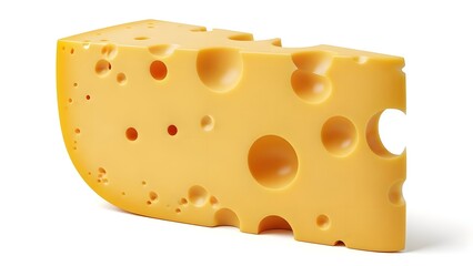 Wedge of Swiss cheese with large and small holes on white background dairy food