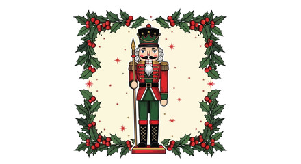 Festive Christmas Nutcracker Vector Illustration with Holly and Berries for Holiday Decor