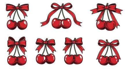 Set of Cherries with Bows Vector Illustration for Summer Designs and Sweet Treats