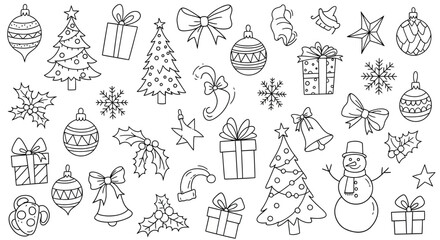 Hand Drawn Christmas Doodles Vector Illustration featuring ornaments, gifts, and holiday themes