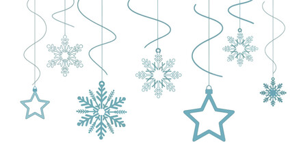 Charming winter holiday vector graphic: hanging star and snowflake ornaments creates holiday magic