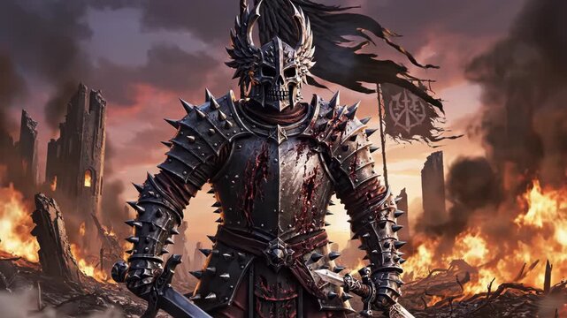 Undead warrior in spiked armor raises a sword over a burning battlefield with ruined castle towers at sunset