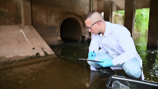 An Asian male environmentalist is recording water changes and checking for contaminants in the water.
