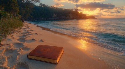 Golden hour sunrise beach scene with leather-bound book