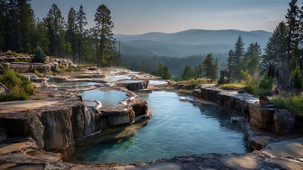 Serene tiered hot spring pools on a rocky terrace overlooking a misty mountain forest valley at sunrise