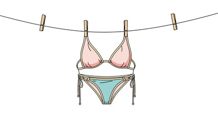 Illustration of stylish bikini hanging from clothespins on a clothesline for summer themes