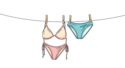 Bikini hanging on clothesline, summer vacation is approaching, vector illustration