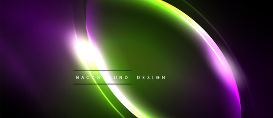 Abstract neon lights, vibrant colors, dark background. Modern design elements create dynamic visual effect. Smooth gradients, flowing shapes.