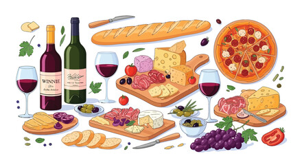 A delightful assortment of gourmet cheese, bread, olives, grapes, pizza, and wine, perfect for a sophisticated gathering