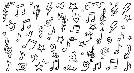 A whimsical collection of hand-drawn music notes and symbols. This doodle set includes treble clefs, stars, hearts, and swirls for creative design