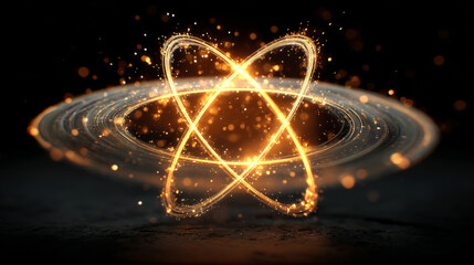 A mesmerizing glowing atomic symbol surrounded by swirling sparks, creating an energetic visual effect against a dark background.