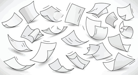 Whimsical graphic design of various blank white paper pages floating and swirling in mid-air, a versatile collection of sketch-style document elements