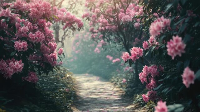 Video A beautiful pathway lined with pink flowers on either side, ideal for decoration or inspiration - Powered by Adobe