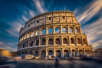 Ancient stone amphitheater stands against dramatic streaky sky.