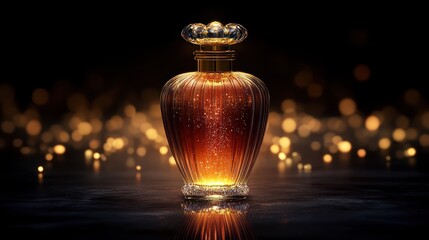 Golden perfume bottle, sparkling liquid