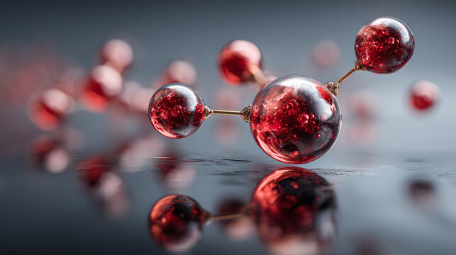 A striking close-up of red molecular structures, reflecting on a smooth surface, showcasing intricate details and a vibrant color palette.
