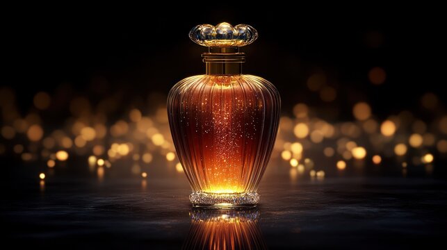 Golden perfume bottle, sparkling liquid