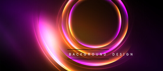 Abstract neon lights create circular shapes, vibrant colors blend. Dark background emphasizes glowing design elements, modern aesthetic.