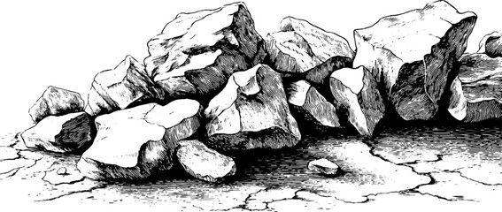 Engraved decorative illustration of angular clastic scree for artistic design