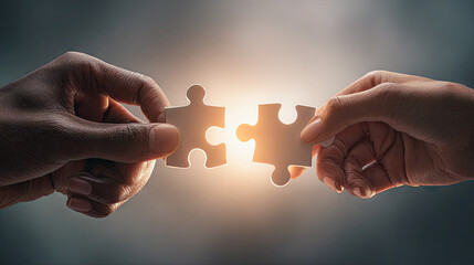 Connecting puzzle pieces teamwork collaboration solution partnership concept hands joining
