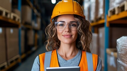 Woman warehouse worker wearing safety gear checking inventory