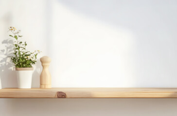 Empty Wooden Shelf Mockup with Sunlight, Pepper Mill, and Potted Plant