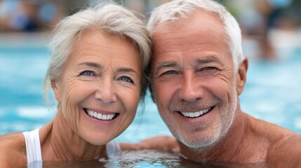 Senior couple smiling enjoying vacation in swimming pool