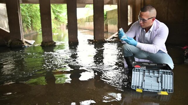 A scientist carefully sits and collects water samples from a city sewage pipe.