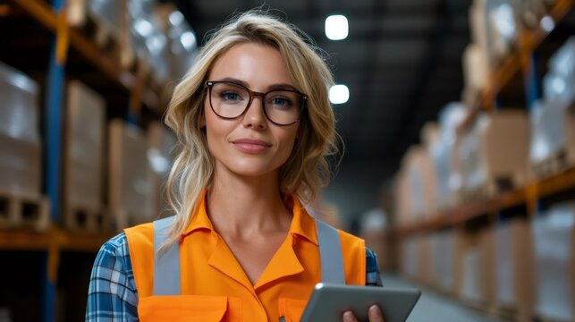 Woman logistics worker holding tablet in warehouse