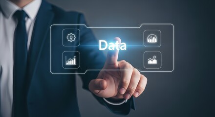 Professional taps data interface for insights on business growth and strategy now